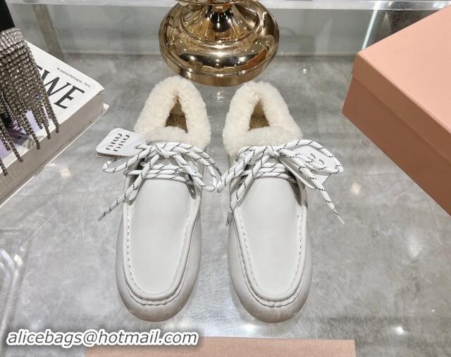 Pretty Style Miu Miu Leather Loafers with Lace and Wool Fur White 1114041