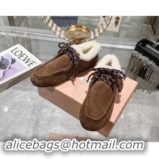 Top Grade Miu Miu Suede Loafers with Lace and Wool Fur Dark Brown 1114042