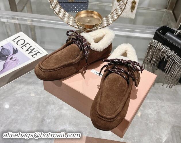 Top Grade Miu Miu Suede Loafers with Lace and Wool Fur Dark Brown 1114042