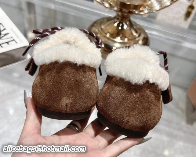 Top Grade Miu Miu Suede Loafers with Lace and Wool Fur Dark Brown 1114042