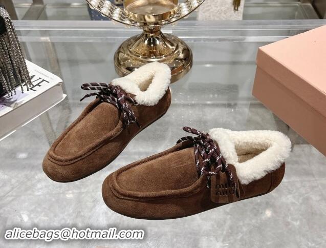 Top Grade Miu Miu Suede Loafers with Lace and Wool Fur Dark Brown 1114042