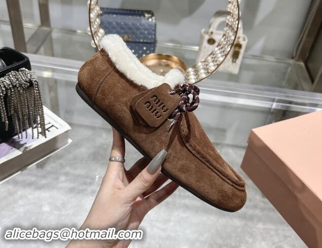 Top Grade Miu Miu Suede Loafers with Lace and Wool Fur Dark Brown 1114042