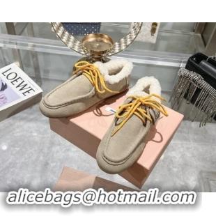 Top Design Miu Miu Suede Loafers with Lace and Wool Fur Light Beige 1114043