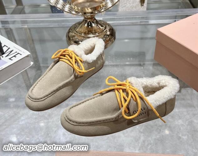 Top Design Miu Miu Suede Loafers with Lace and Wool Fur Light Beige 1114043