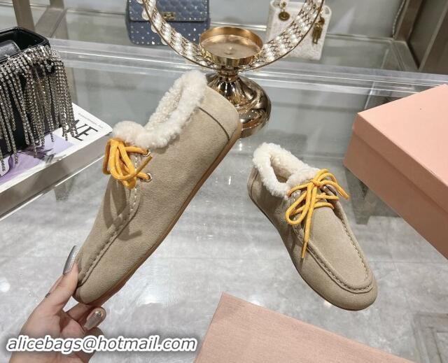 Top Design Miu Miu Suede Loafers with Lace and Wool Fur Light Beige 1114043