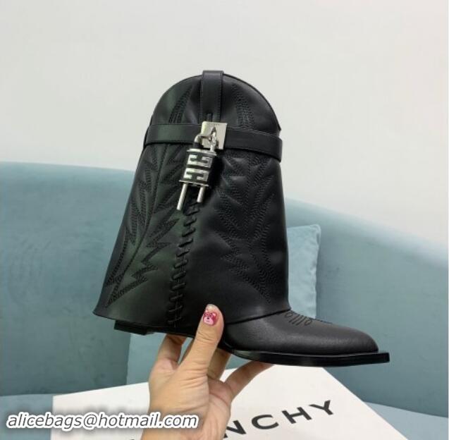 Charming Givenchy Shark Lock Wedge Ankle Boots 6cm in leather with western pattern Black/Silver 1113029