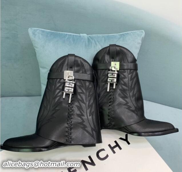 Charming Givenchy Shark Lock Wedge Ankle Boots 6cm in leather with western pattern Black/Silver 1113029