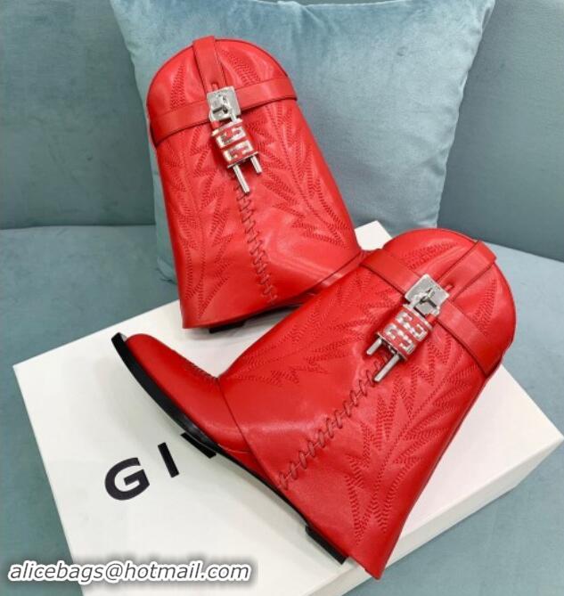 Stylish Givenchy Shark Lock Wedge Ankle Boots 6cm in leather with western pattern Red 1113031