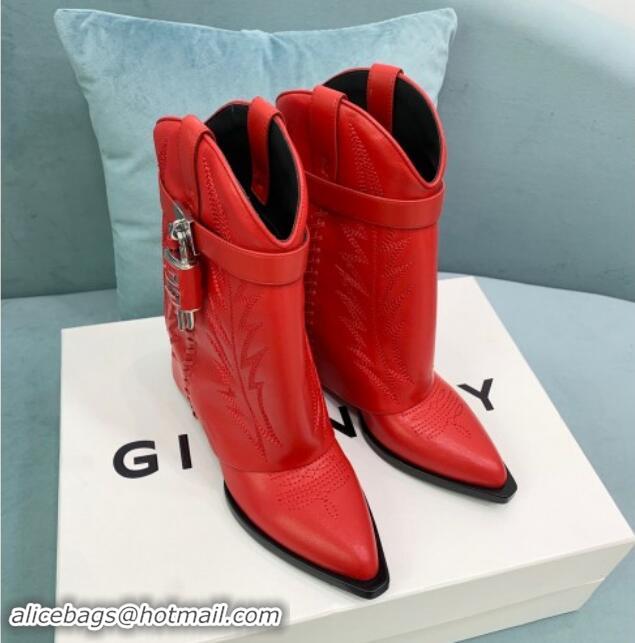 Stylish Givenchy Shark Lock Wedge Ankle Boots 6cm in leather with western pattern Red 1113031