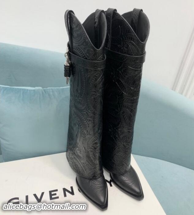 1:1 aaaaa Givenchy Shark Lock Wedge High Boots 6cm in leather with western pattern Black 1113032