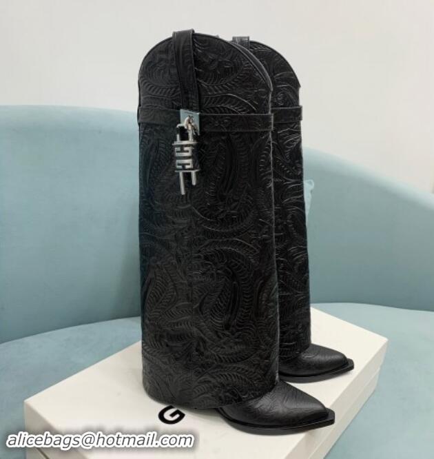 1:1 aaaaa Givenchy Shark Lock Wedge High Boots 6cm in leather with western pattern Black 1113032