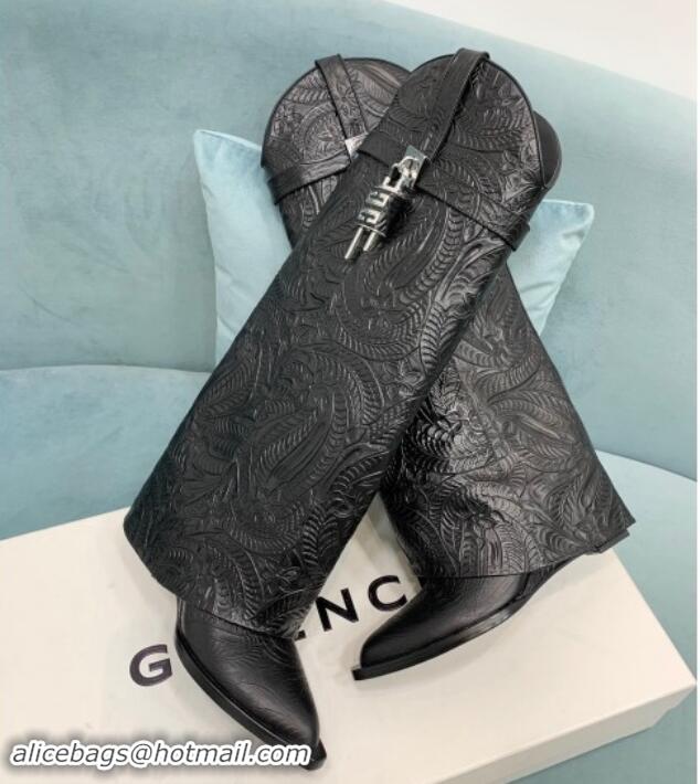 1:1 aaaaa Givenchy Shark Lock Wedge High Boots 6cm in leather with western pattern Black 1113032