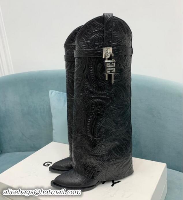 1:1 aaaaa Givenchy Shark Lock Wedge High Boots 6cm in leather with western pattern Black 1113032