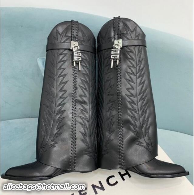 Good Quality Givenchy Shark Lock Wedge High Boots 6cm in leather with western pattern Black/Silver 1113033