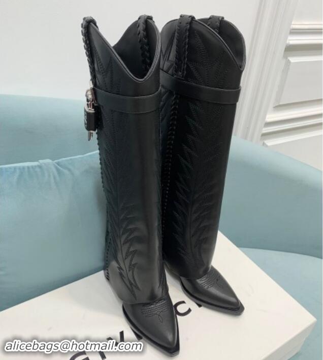 Good Quality Givenchy Shark Lock Wedge High Boots 6cm in leather with western pattern Black/Silver 1113033