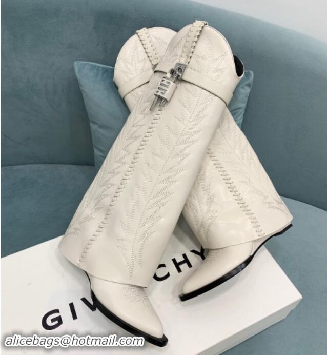 Sumptuous Givenchy Shark Lock Wedge High Boots 6cm in leather with western pattern White 1113034