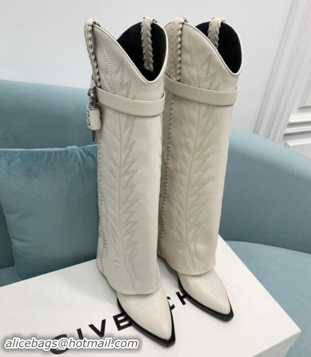 Sumptuous Givenchy Shark Lock Wedge High Boots 6cm in leather with western pattern White 1113034