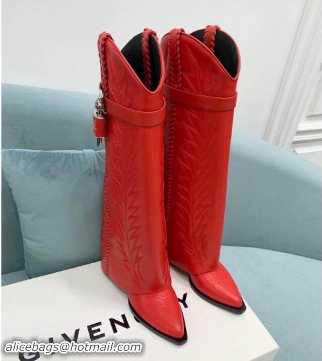 Perfect Givenchy Shark Lock Wedge High Boots 6cm in leather with western pattern Red 1113035