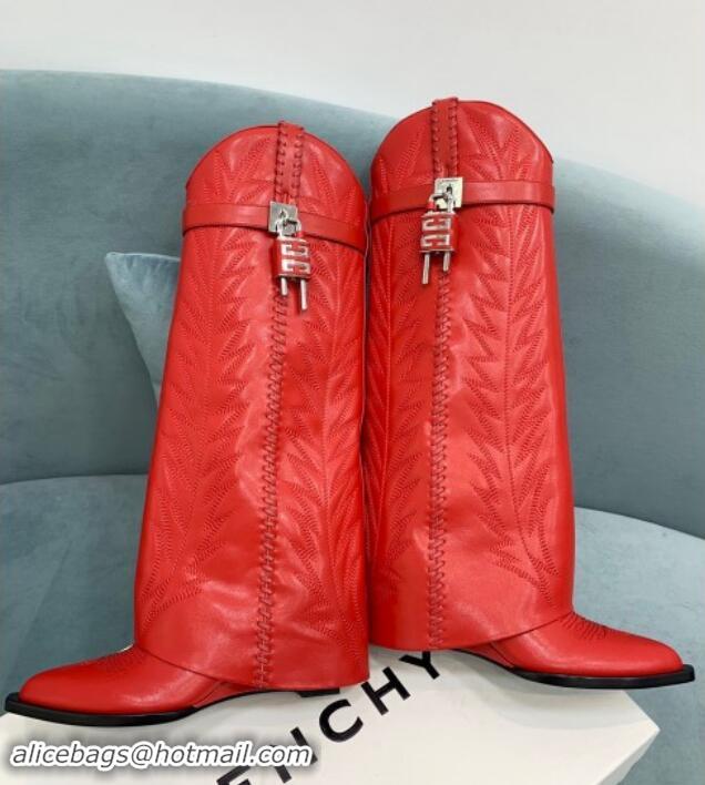 Perfect Givenchy Shark Lock Wedge High Boots 6cm in leather with western pattern Red 1113035