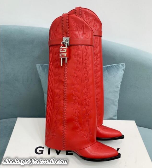 Perfect Givenchy Shark Lock Wedge High Boots 6cm in leather with western pattern Red 1113035