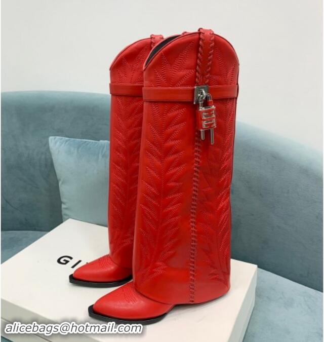 Perfect Givenchy Shark Lock Wedge High Boots 6cm in leather with western pattern Red 1113035