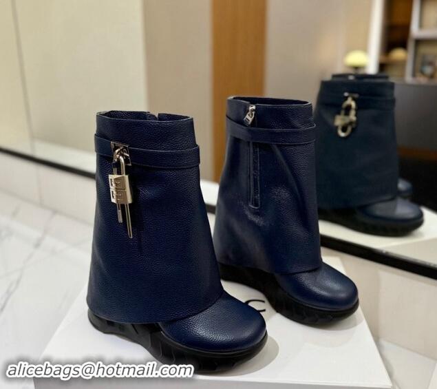 Pretty Style Givenchy Shark Lock Biker ankle boots 10.5cm in grained leather Navy Blue 113039