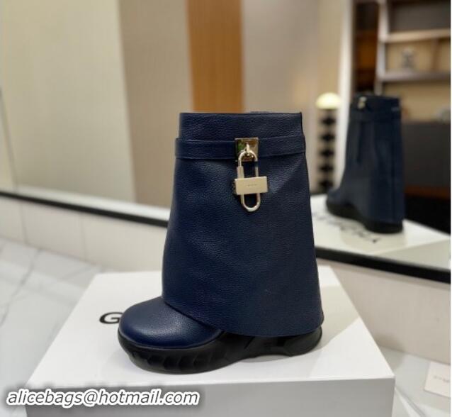 Pretty Style Givenchy Shark Lock Biker ankle boots 10.5cm in grained leather Navy Blue 113039