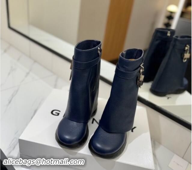 Pretty Style Givenchy Shark Lock Biker ankle boots 10.5cm in grained leather Navy Blue 113039