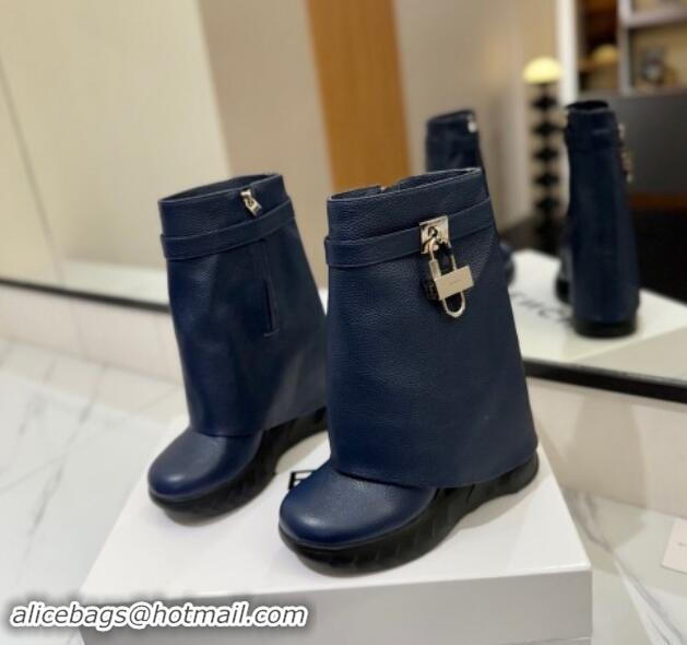 Pretty Style Givenchy Shark Lock Biker ankle boots 10.5cm in grained leather Navy Blue 113039