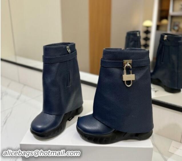 Pretty Style Givenchy Shark Lock Biker ankle boots 10.5cm in grained leather Navy Blue 113039