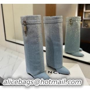 Good Product Givenchy Shark Lock High Wedge boots 8.5cm in denim with gradual strass Light Blue 1113044