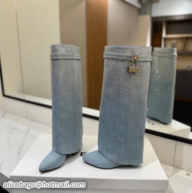 Good Product Givenchy Shark Lock High Wedge boots 8.5cm in denim with gradual strass Light Blue 1113044