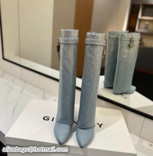 Good Product Givenchy Shark Lock High Wedge boots 8.5cm in denim with gradual strass Light Blue 1113044