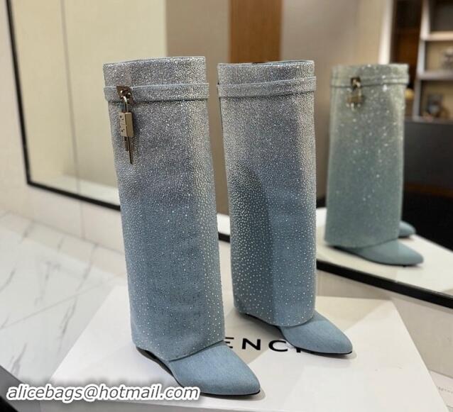 Good Product Givenchy Shark Lock High Wedge boots 8.5cm in denim with gradual strass Light Blue 1113044