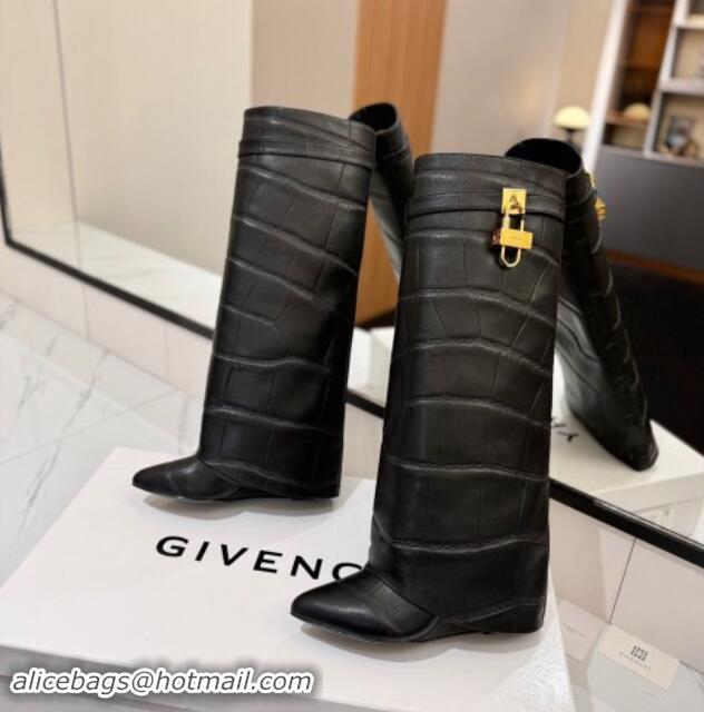 Classic Practical Givenchy Shark Lock Wedge High Boots 8.5cm in Embossed Leather Black 1122003