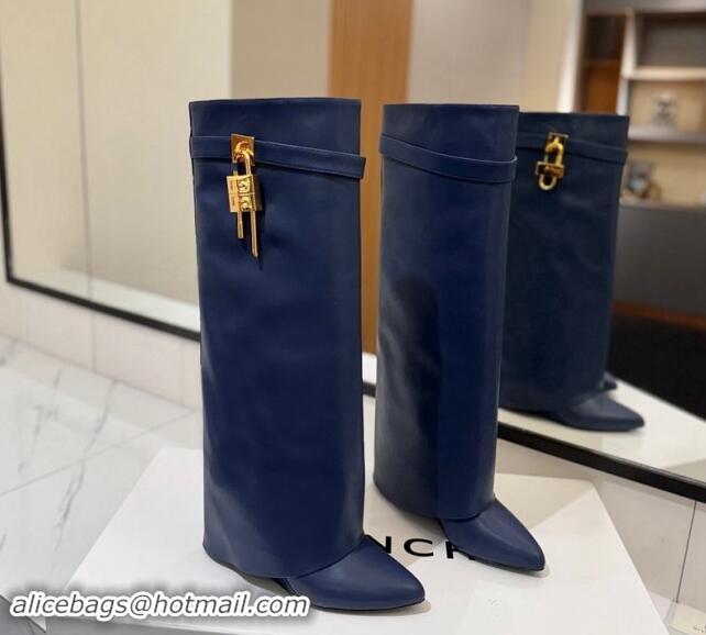 Duplicate Givenchy Shark Lock Wedge High Boots 8.5cm in Calfskin Leather Navy Blue 1122006