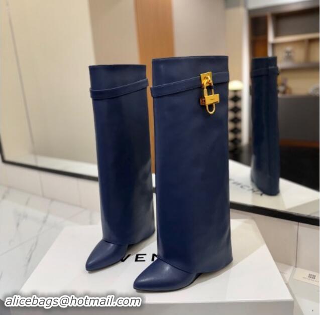 Duplicate Givenchy Shark Lock Wedge High Boots 8.5cm in Calfskin Leather Navy Blue 1122006