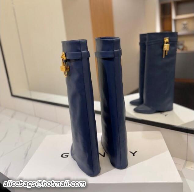 Duplicate Givenchy Shark Lock Wedge High Boots 8.5cm in Calfskin Leather Navy Blue 1122006