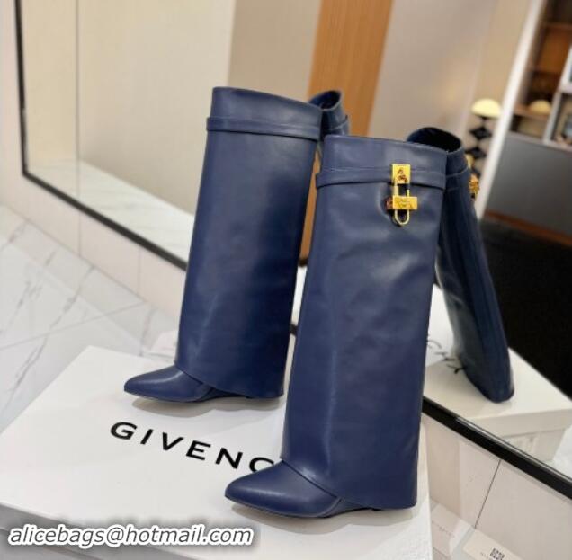 Duplicate Givenchy Shark Lock Wedge High Boots 8.5cm in Calfskin Leather Navy Blue 1122006