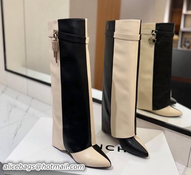 Best Price Givenchy Shark Lock Wedge High Boots 8.5cm in Calfskin Leather White/Black 1122008