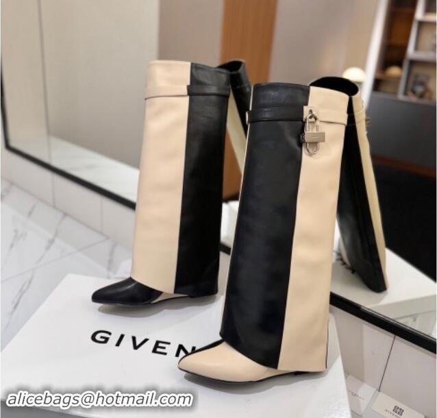 Best Price Givenchy Shark Lock Wedge High Boots 8.5cm in Calfskin Leather White/Black 1122008