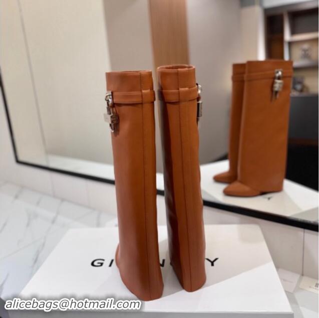 Perfect Givenchy Shark Lock Wedge High Boots 8.5cm in Calfskin Leather Tan Brown 1122010