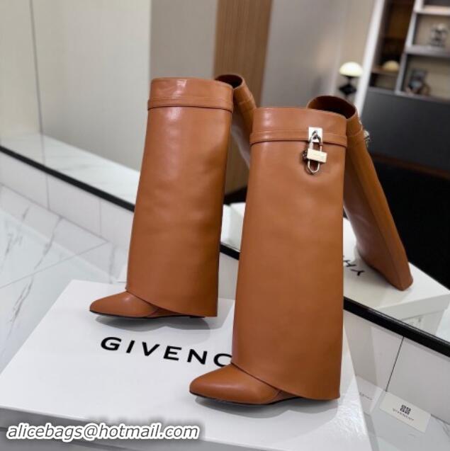 Perfect Givenchy Shark Lock Wedge High Boots 8.5cm in Calfskin Leather Tan Brown 1122010