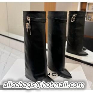 Best Luxury Givenchy Shark Lock Wedge High Boots 8.5cm in Calfskin Leather Black 1122013