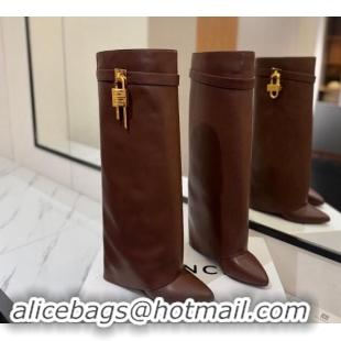 Duplicate Givenchy Shark Lock Wedge High Boots 8.5cm in Calfskin Leather Chocolate Brown 1122015