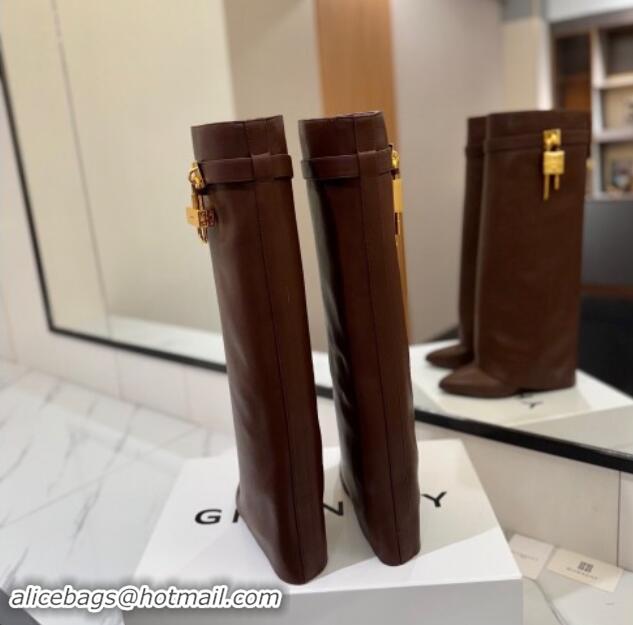 Duplicate Givenchy Shark Lock Wedge High Boots 8.5cm in Calfskin Leather Chocolate Brown 1122015