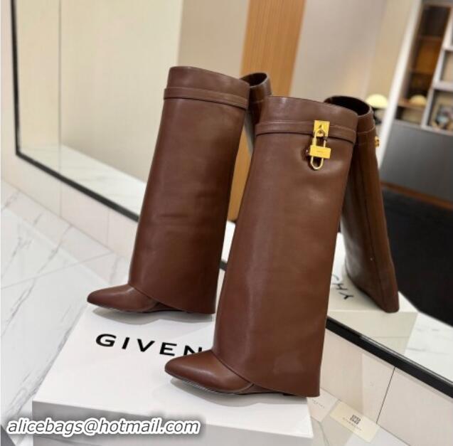 Duplicate Givenchy Shark Lock Wedge High Boots 8.5cm in Calfskin Leather Chocolate Brown 1122015