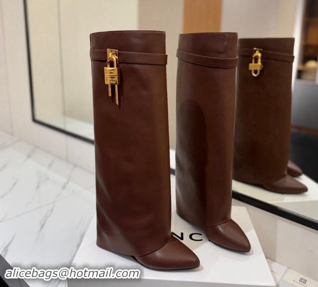 Duplicate Givenchy Shark Lock Wedge High Boots 8.5cm in Calfskin Leather Chocolate Brown 1122015