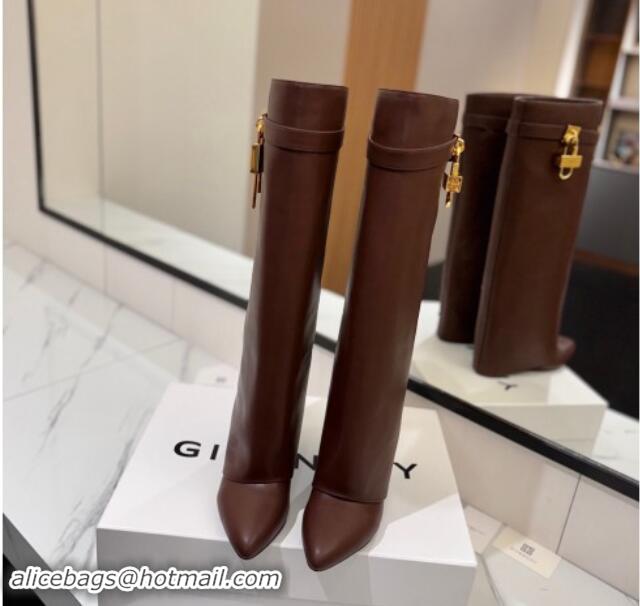 Duplicate Givenchy Shark Lock Wedge High Boots 8.5cm in Calfskin Leather Chocolate Brown 1122015