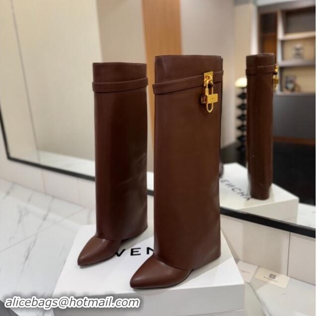 Duplicate Givenchy Shark Lock Wedge High Boots 8.5cm in Calfskin Leather Chocolate Brown 1122015